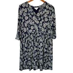 J Jill New! Floral Split Neck 3/4 Sleeve Knit Shift Dress Pockets Relaxed Fit